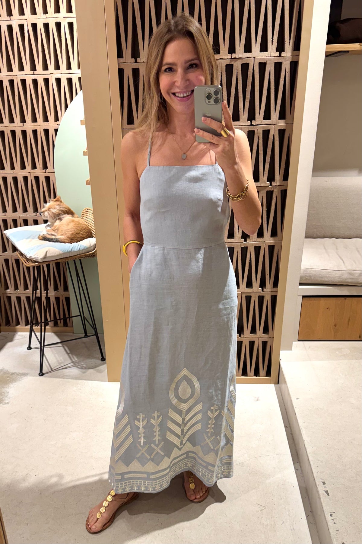 SLIM STRAPPY LINEN DRESS "FEATHER" LIGHT GREY/CHAMPAGNE