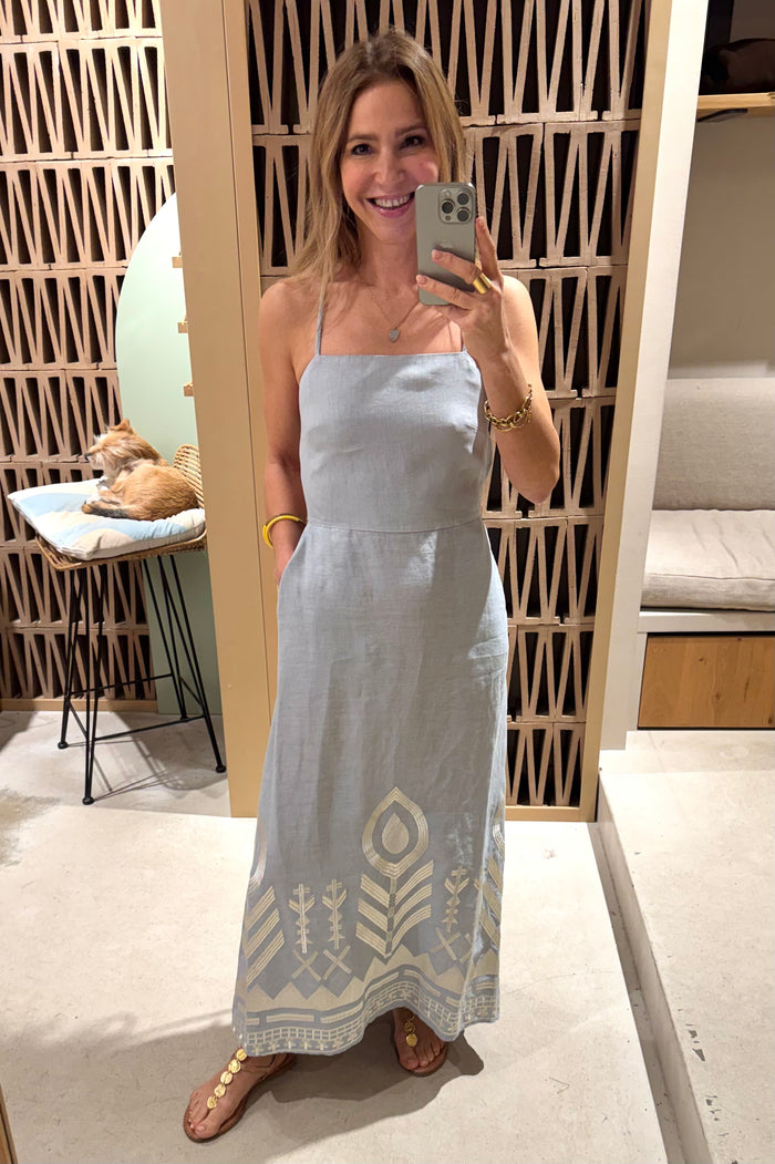 SLIM STRAPPY LINEN DRESS "FEATHER" LIGHT GREY/CHAMPAGNE