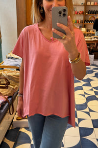 SUPER OVERSIZED V-NECK COTTON T-SHIRT PEACH