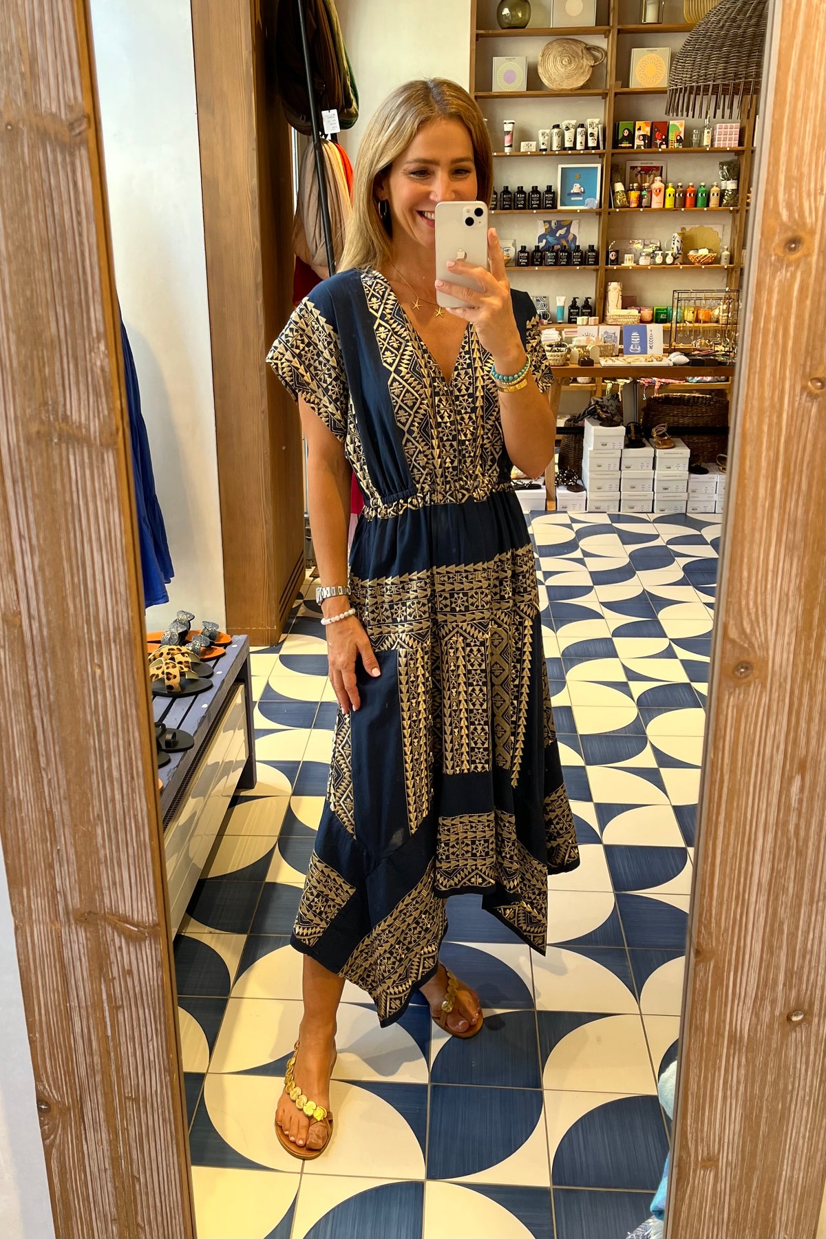 MIDI KIMONO DRESS "EMBROIDERED" - NAVY/GOLD