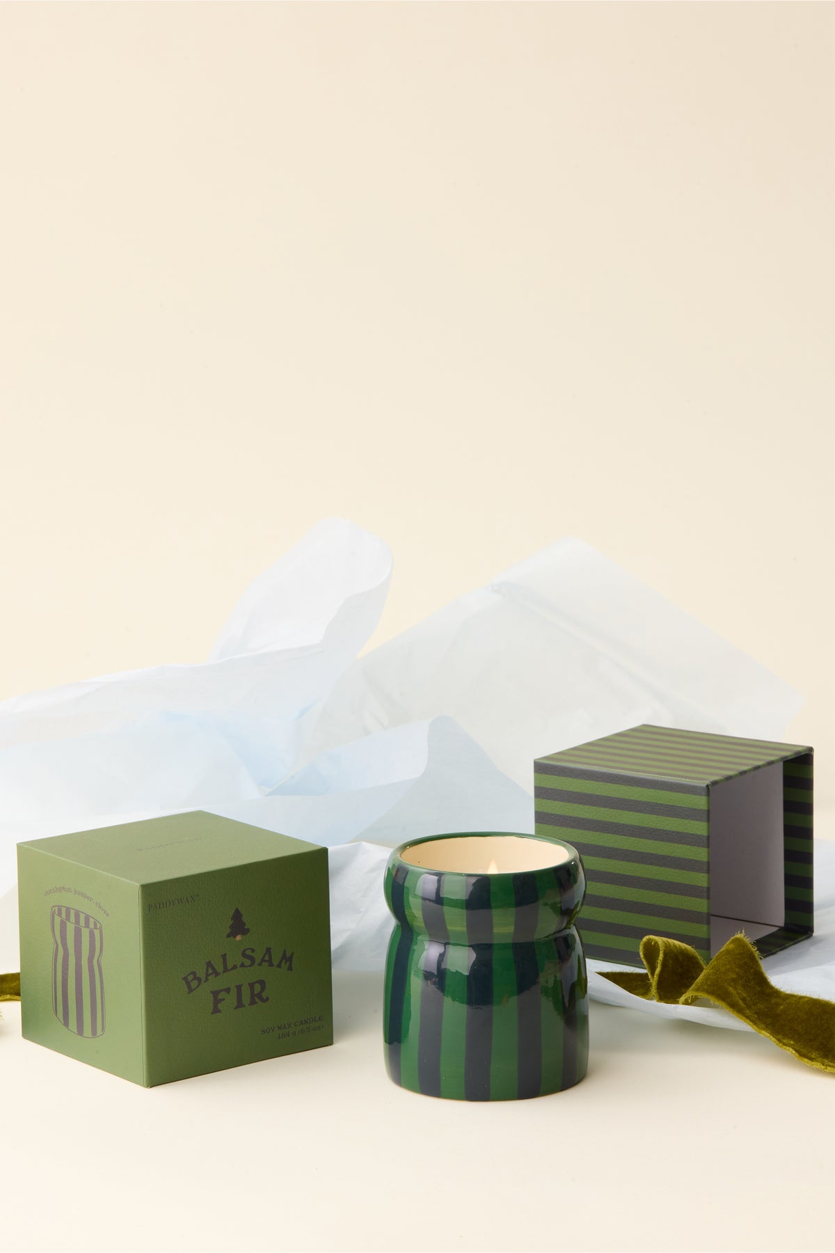 STRIPED CERAMIC CANDLE "BALSAM FIR“ GREEN/NAVY