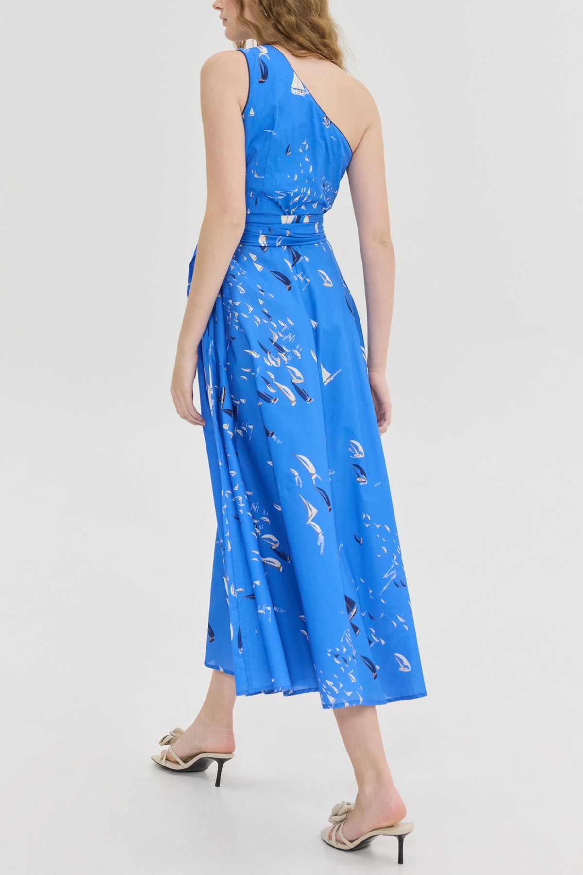 MIDI ONE SHOULDER DRESS "CALLIROE" BLUE/BOATS