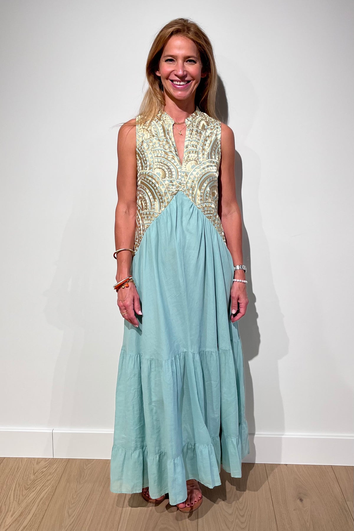 LONG SLEEVELESS COTTON DRESS "TRIANGLE" SEA GREEN/GOLD