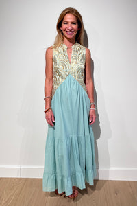 LONG SLEEVELESS COTTON DRESS "TRIANGLE" SEA GREEN/GOLD