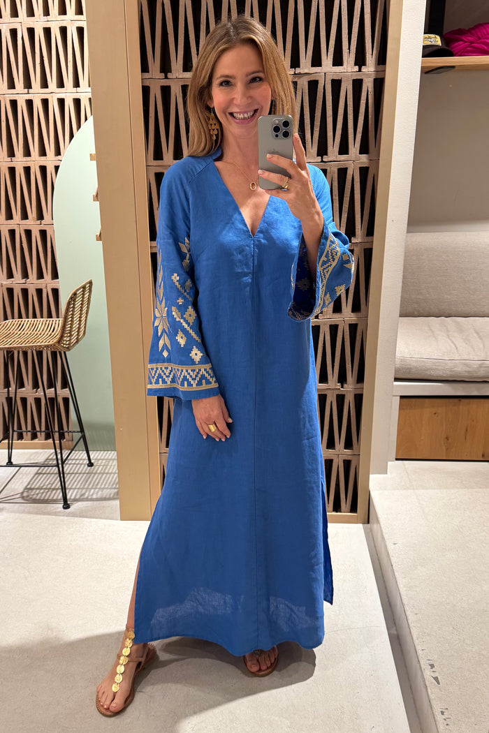 LONG LINEN KAFTAN DRESS "IOS" BLUE RAF/GOLD