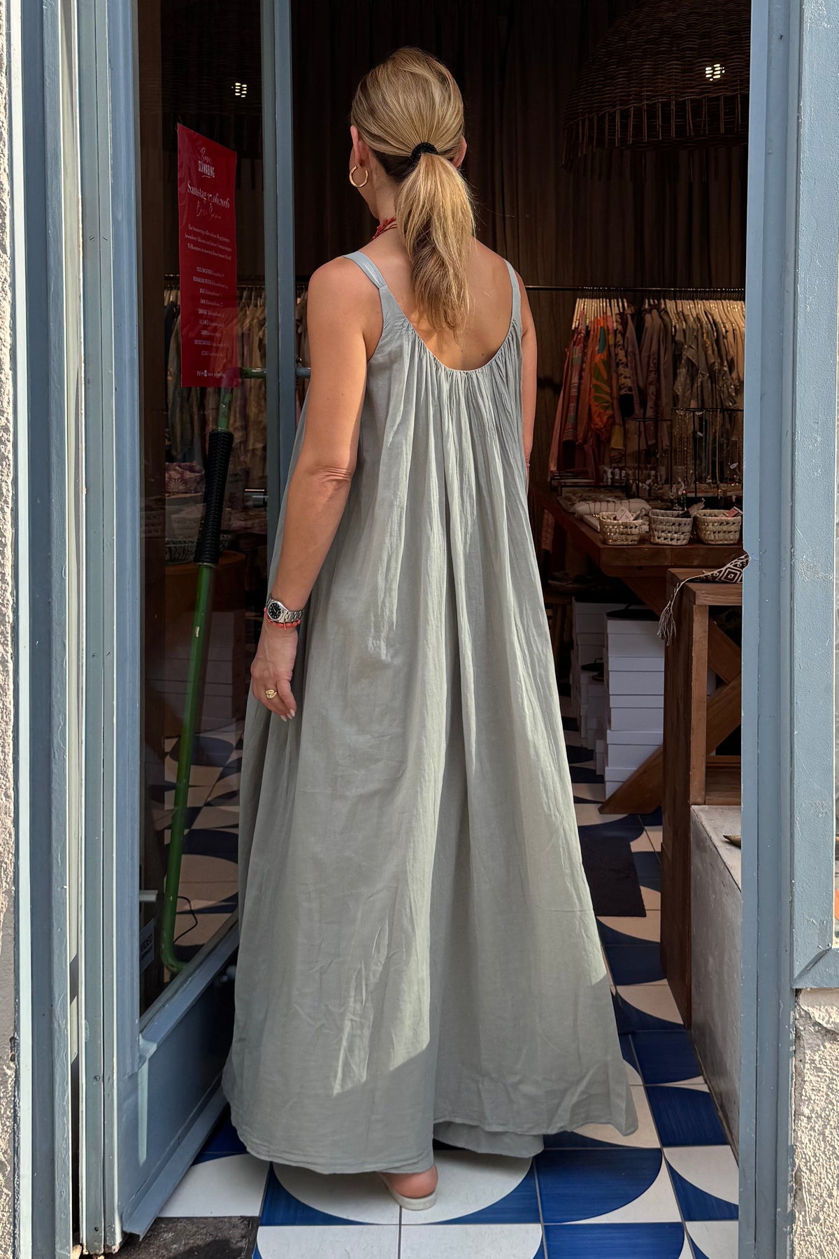 LONG SLEEVELESS COTTON DRESS "GAUZE" STONE