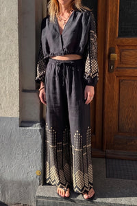 WIDE LEG RAMIE PANTS "GRAPES" BLACK/GOLD