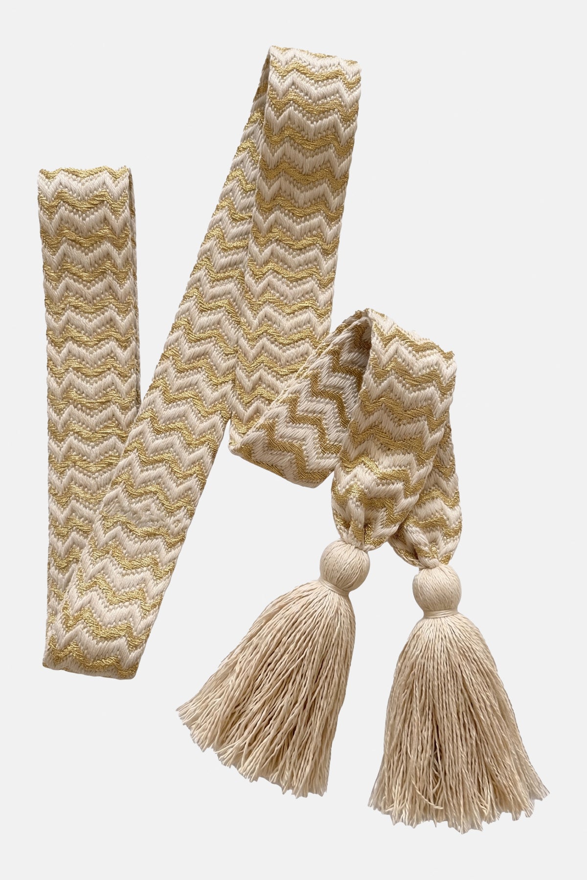 WOVEN BELT WITH TASSELS "CHEVRON" GOLD/ECRU