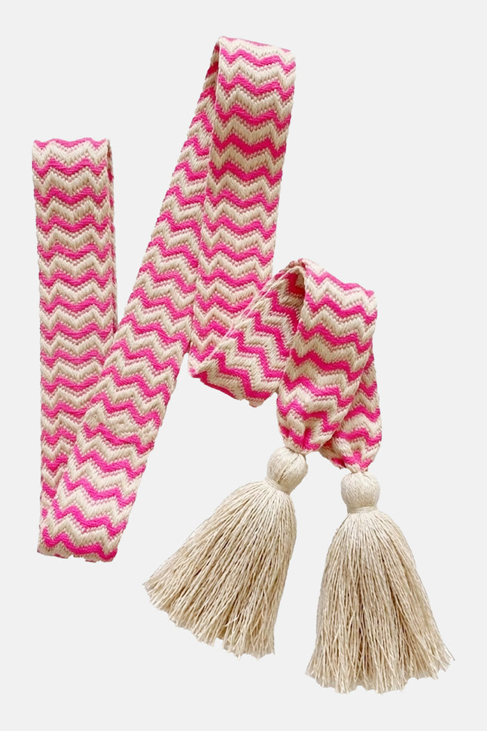 WOVEN BELT WITH TASSELS "CHEVRON" NEON PINK/ECRU