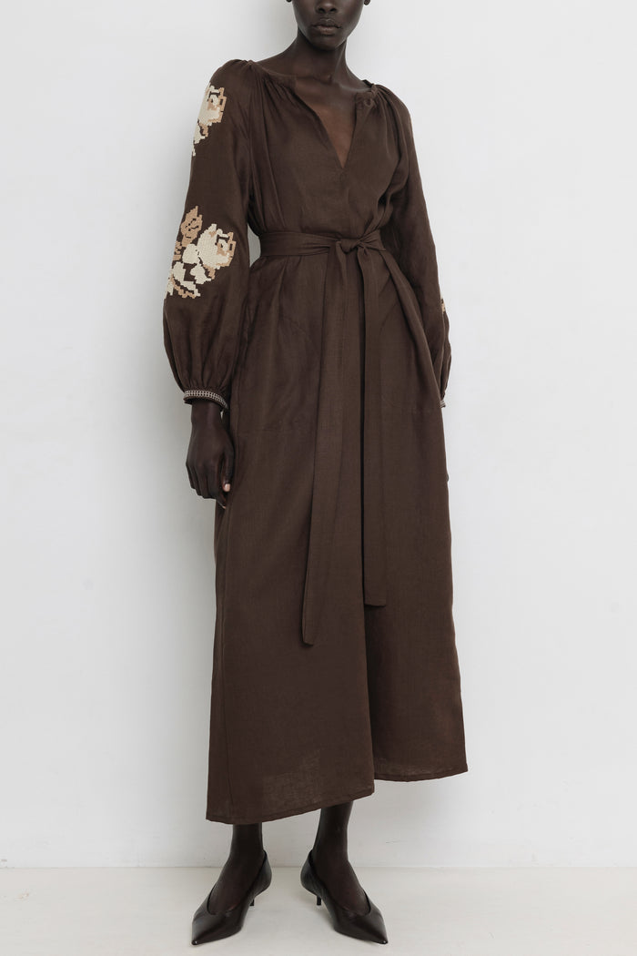 LONG LINEN DRESS "FLEUR" CHOCOLATE *PRE ORDER*