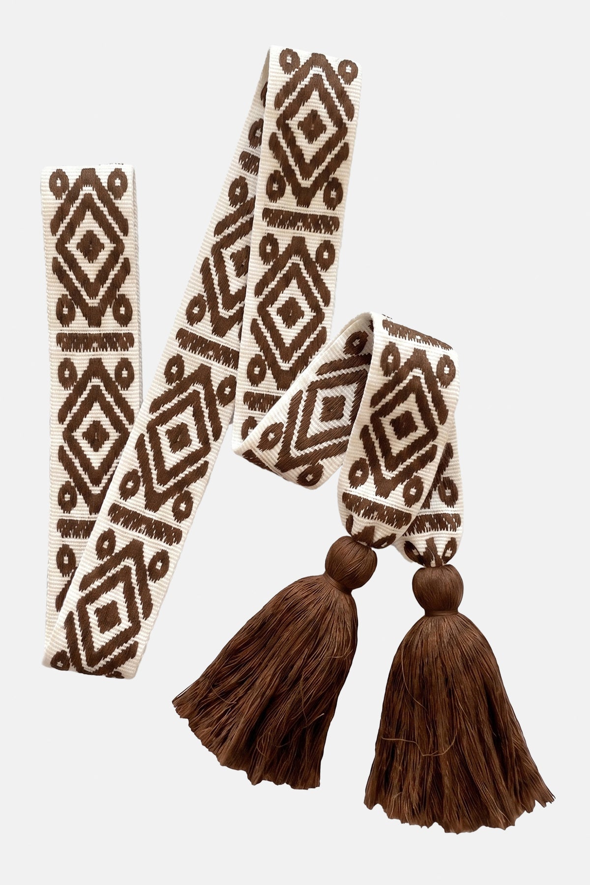 WOVEN BELT WITH TASSELS "AZTEK" ECRU/CHOCOLATE