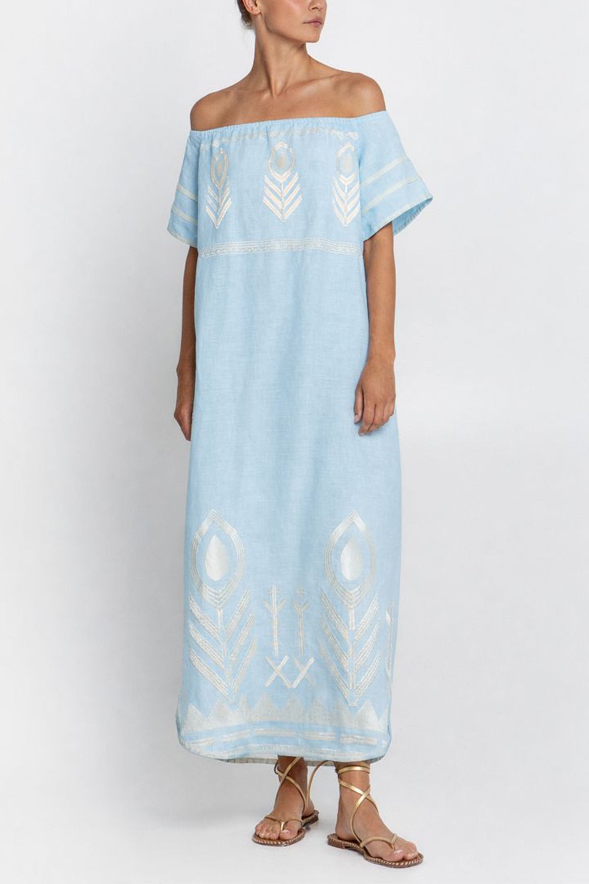 OFF SHOULDER LINEN DRESS "FEATHER" CIEL/CHAMPAGNE