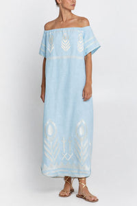 OFF SHOULDER LINEN DRESS "FEATHER" CIEL/CHAMPAGNE