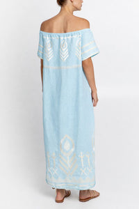 OFF SHOULDER LINEN DRESS "FEATHER" CIEL/CHAMPAGNE