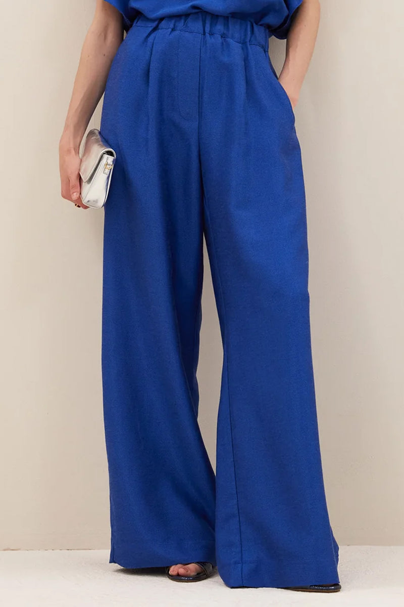 WIDE LEG VISCOSE/LINEN PANTS „SHINE“ COBALT BLUE