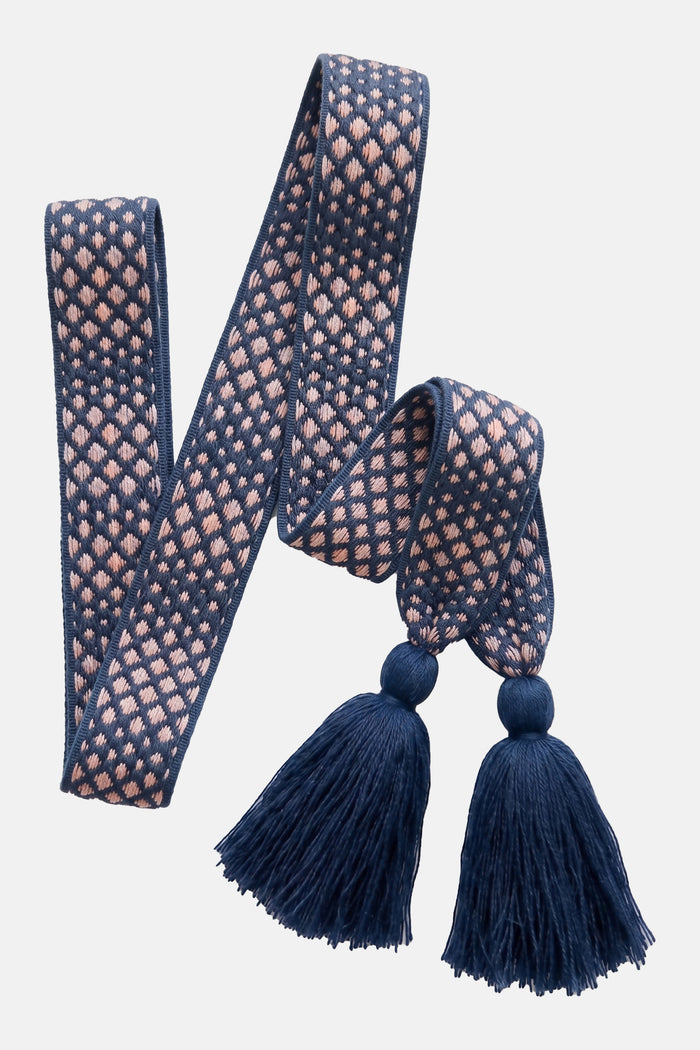 WOVEN BELT WITH TASSELS "DIAMOND" NAVY/DUSTY ROSE