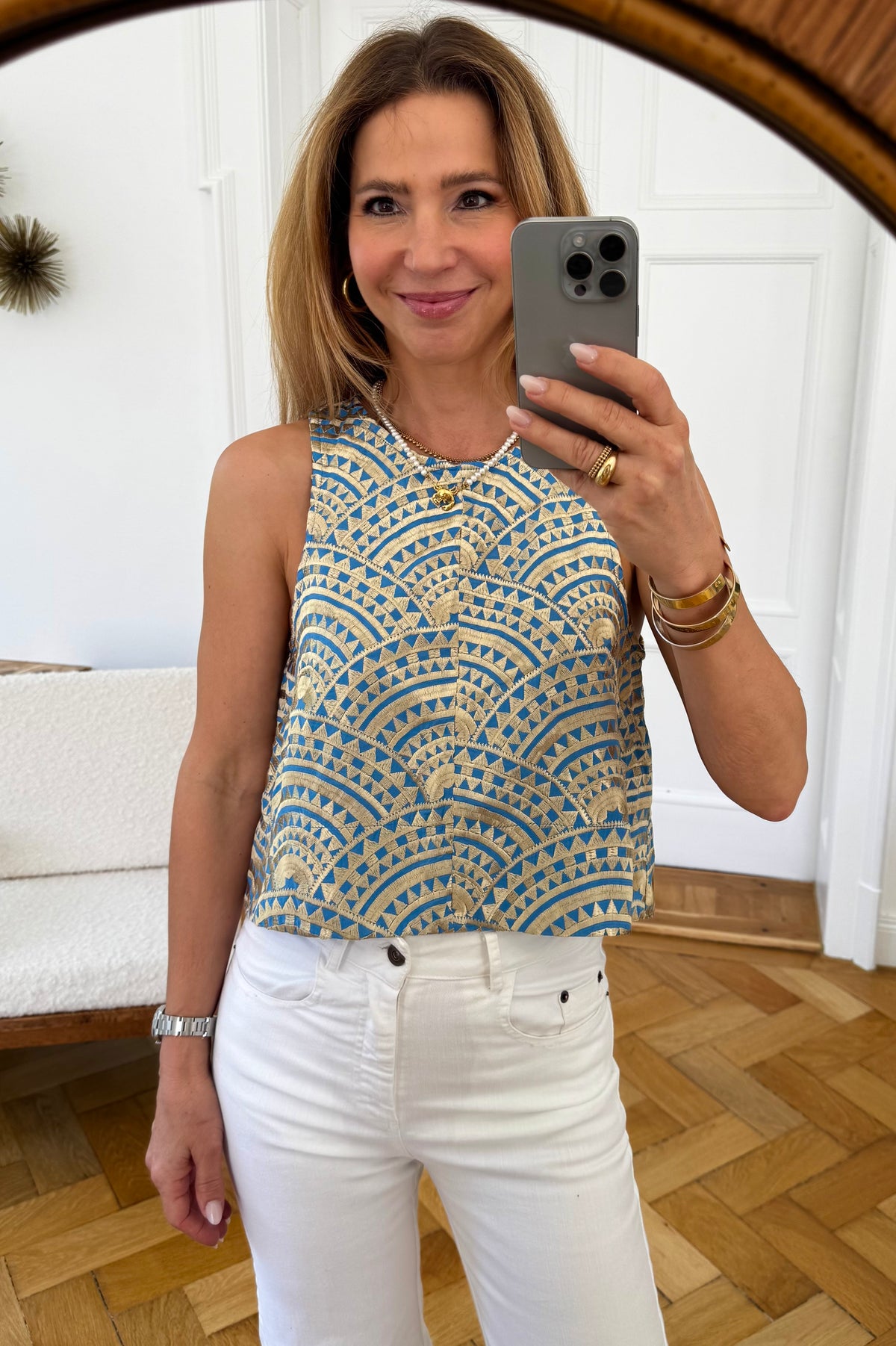 CROPPED EMBROIDERED COTTON TOP "TRIANGLE" BLUE RAF/GOLD