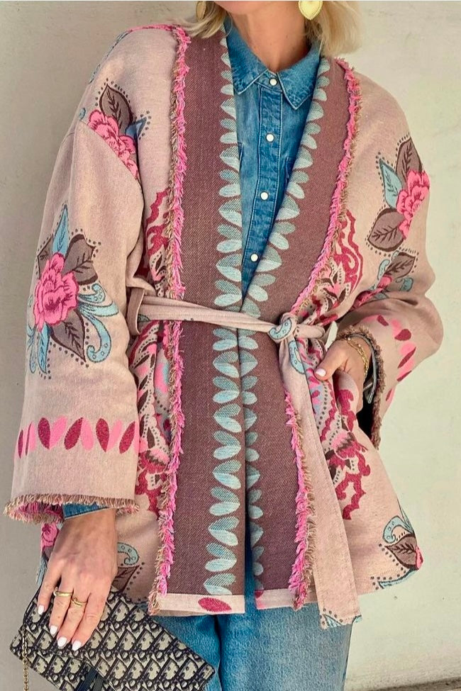 SHORT KIMONO "YASMINA" TAUPE/FUCHSIA