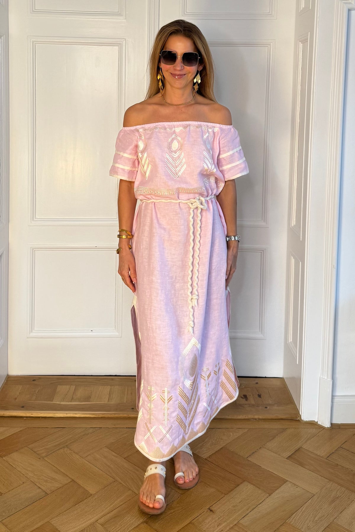 OFF SHOULDER LINEN DRESS "FEATHER" PINK/CHAMPAGNE