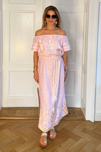OFF SHOULDER LINEN DRESS "FEATHER" PINK/CHAMPAGNE
