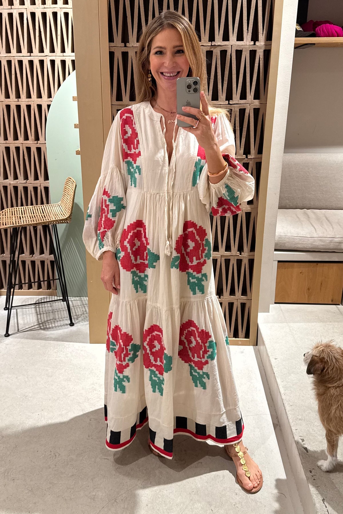 LONG TUNIC DRESS "ROSES" NATURAL/RED/GREEN