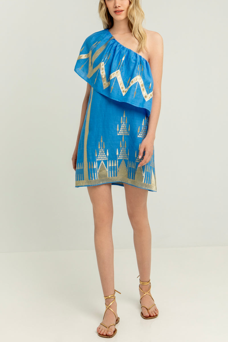 SHORT ONE SHOULDER DRESS "ROOTS" BLUE RAF/GOLD