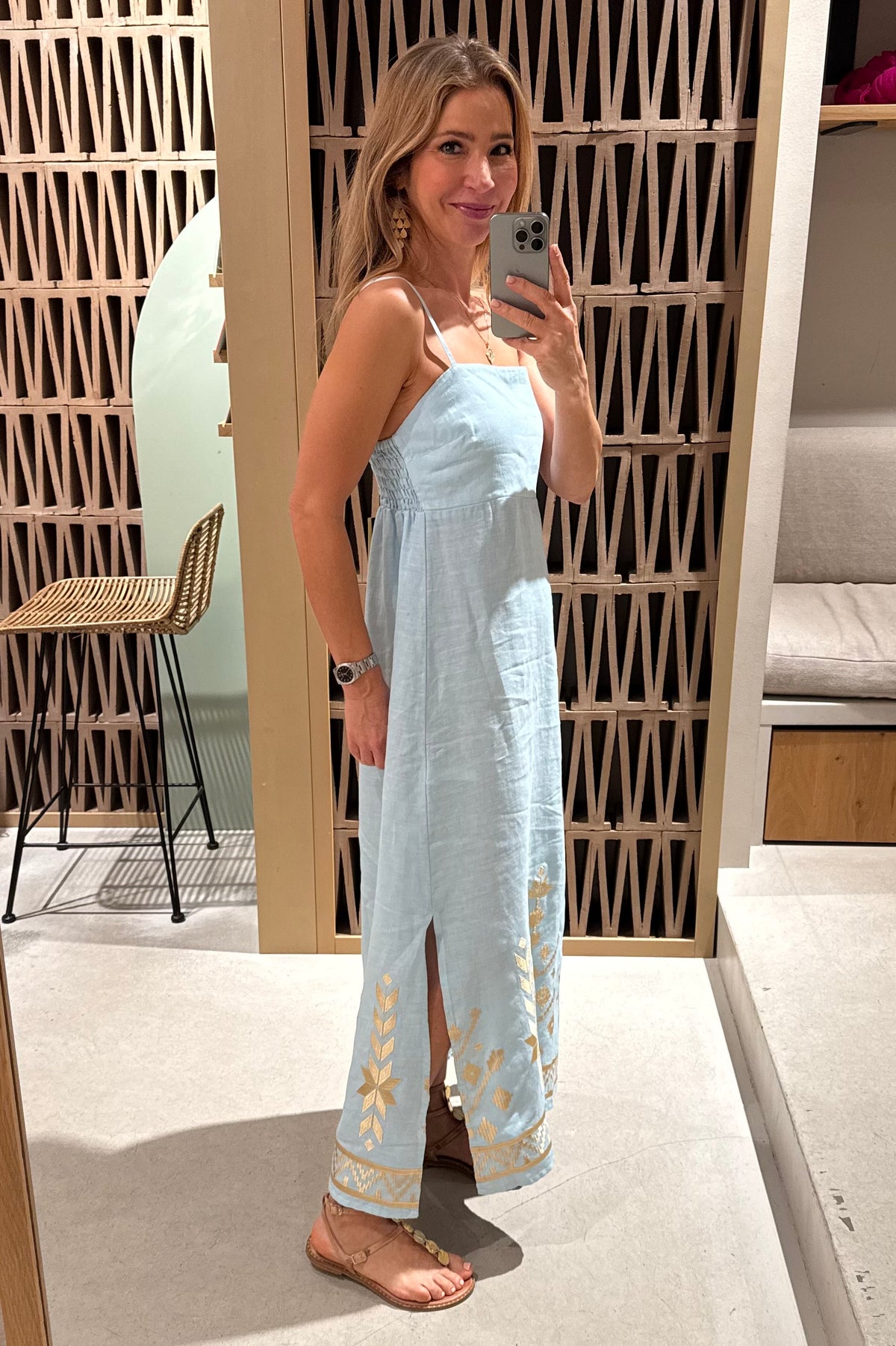 STRAPPY LINEN MIDI DRESS "IOS" CIEL/GOLD