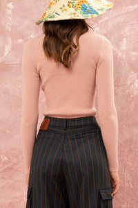 RIBBED VISCOSE POLO PULLOVER DUSTY ROSE