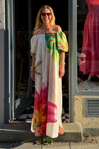 LONG OFF SHOULDER DRESS "BLOSSOM" ECRU/GREEN/FUCHSIA