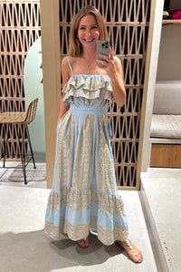 STRAPPY MIDI COTTON DRESS WITH RUFFLES "EMBROIDERED" CIEL/GOLD