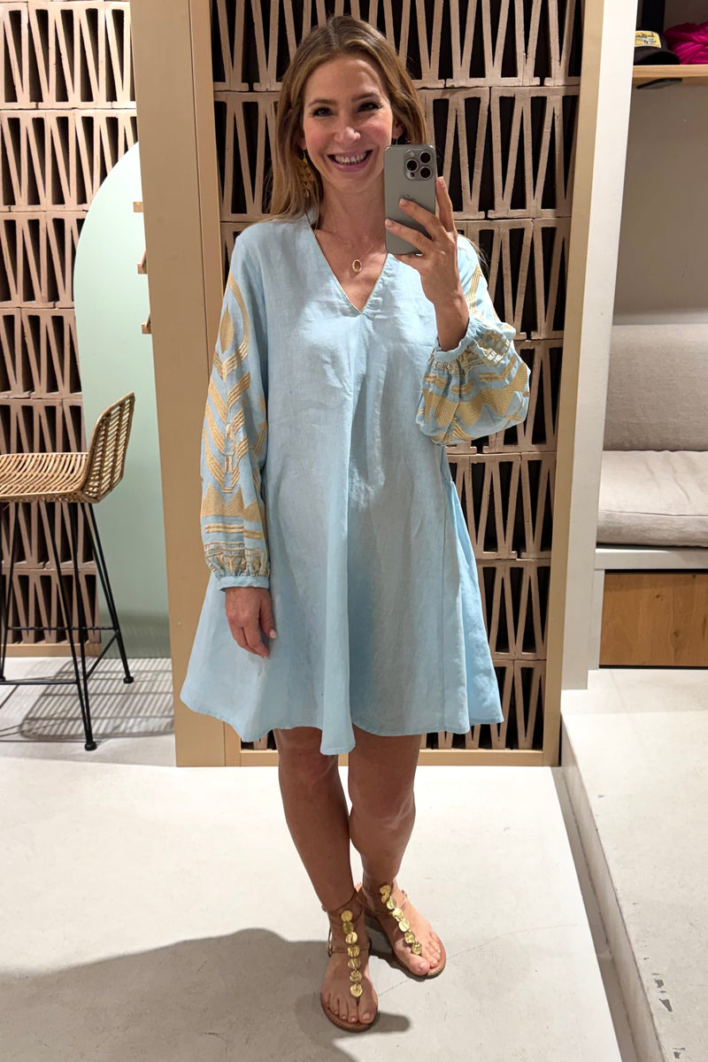 SHORT LINEN DRESS WITH BALLON SLEEVES "FEATHER" CIEL/GOLD - GREEK ARCHAIC KORI Lemoni SHORT LINEN DRESS WITH BALLON SLEEVES "FEATHER" CIEL/GOLD - GREEK ARCHAIC KORI Lemoni