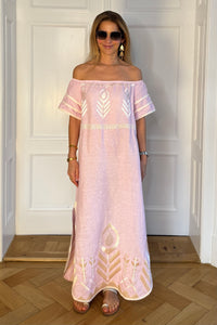 OFF SHOULDER LINEN DRESS "FEATHER" PINK/CHAMPAGNE