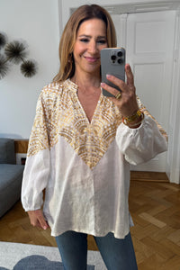 OVERSIZED LINEN/COTTON BLOUSE "TRIANGLE" WHITE/GOLD