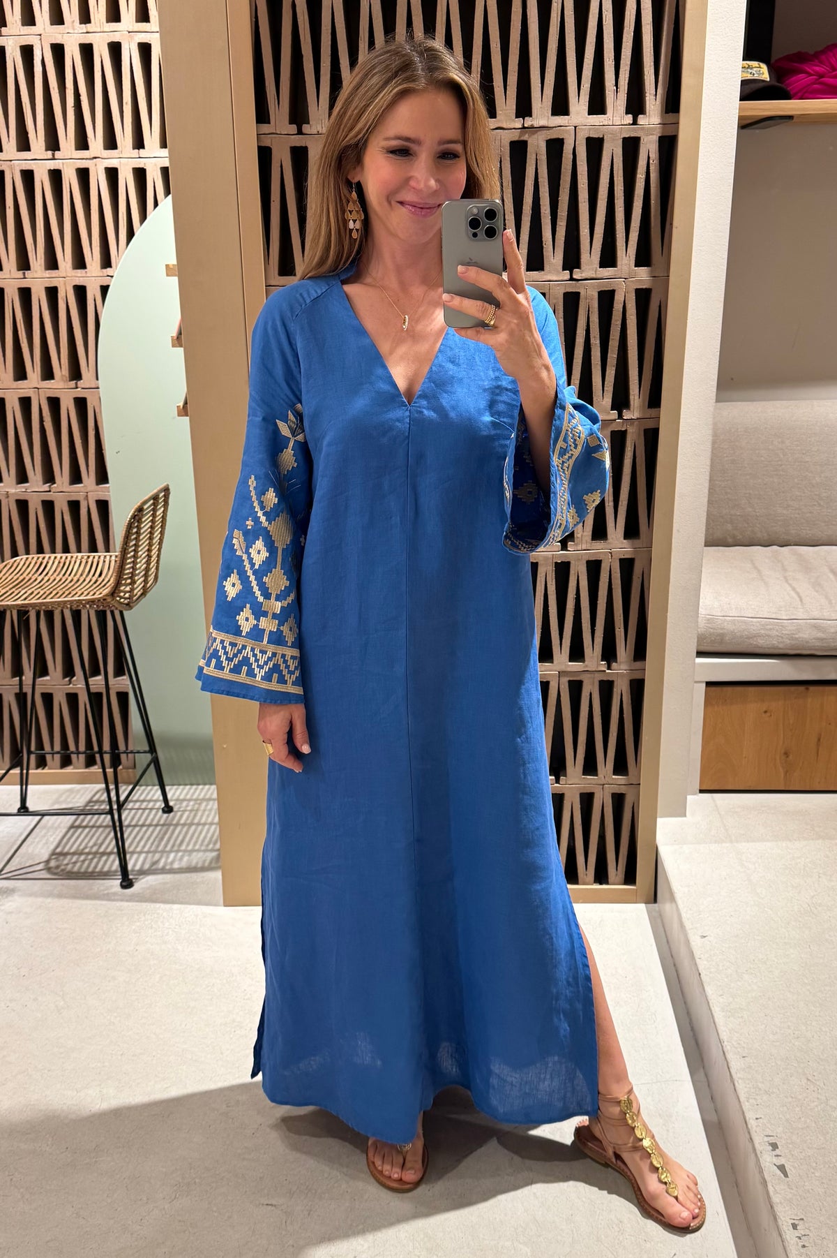 LONG LINEN KAFTAN DRESS "IOS" BLUE RAF/GOLD