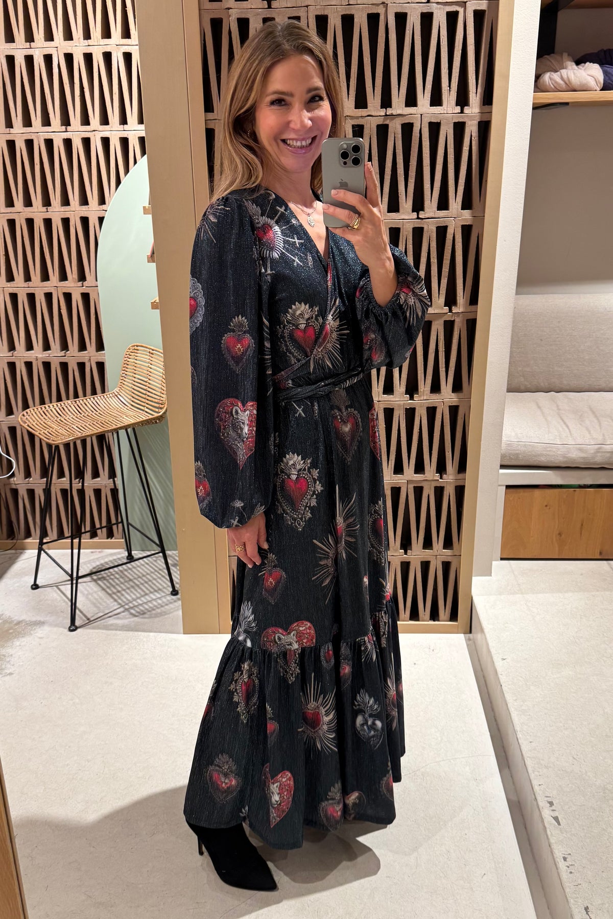 LONG LUREX JERSEY WRAP DRESS BLACK/RED