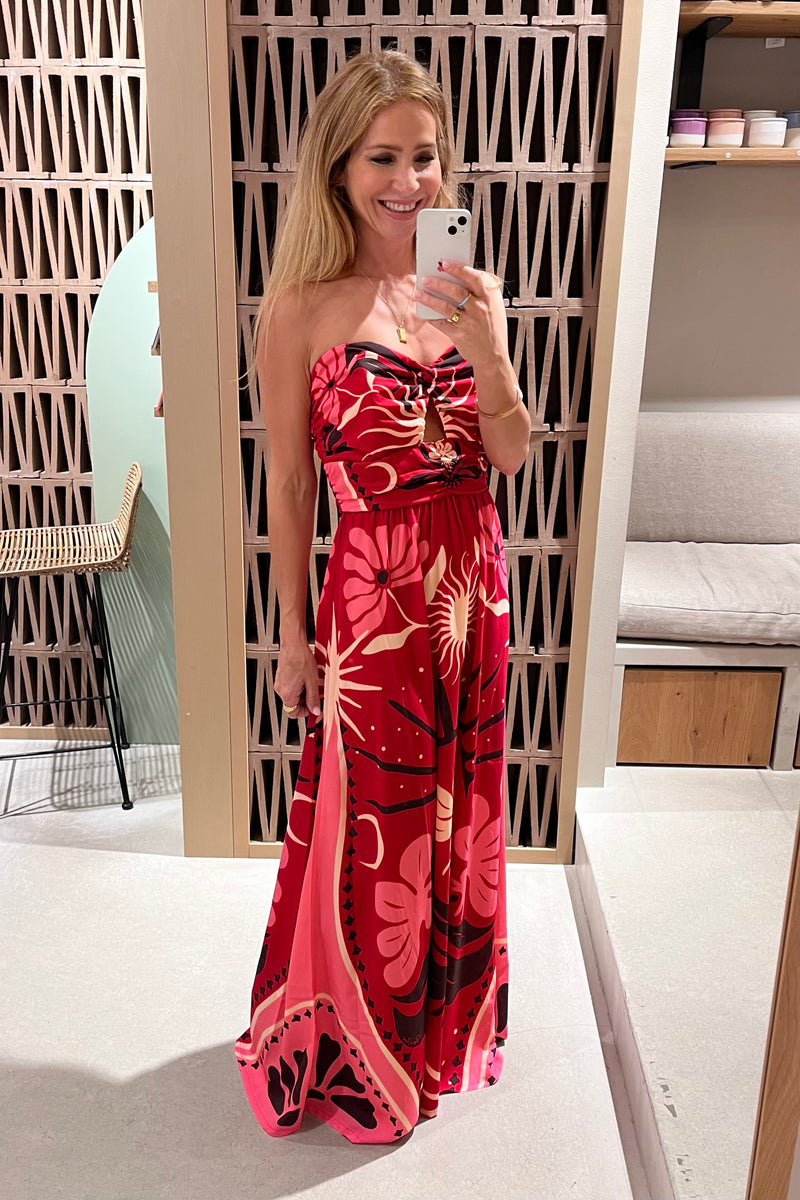 LONG STRAPLESS DRESS "PASSIONFLOWER" RED