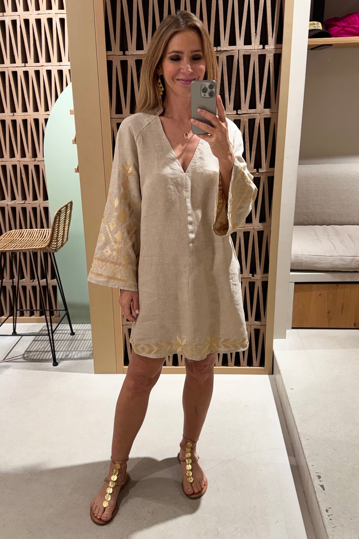 SHORT LINEN KAFTAN DRESS "IOS" BEIGE/GOLD