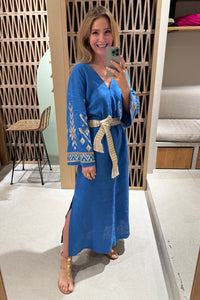 LONG LINEN KAFTAN DRESS "IOS" BLUE RAF/GOLD