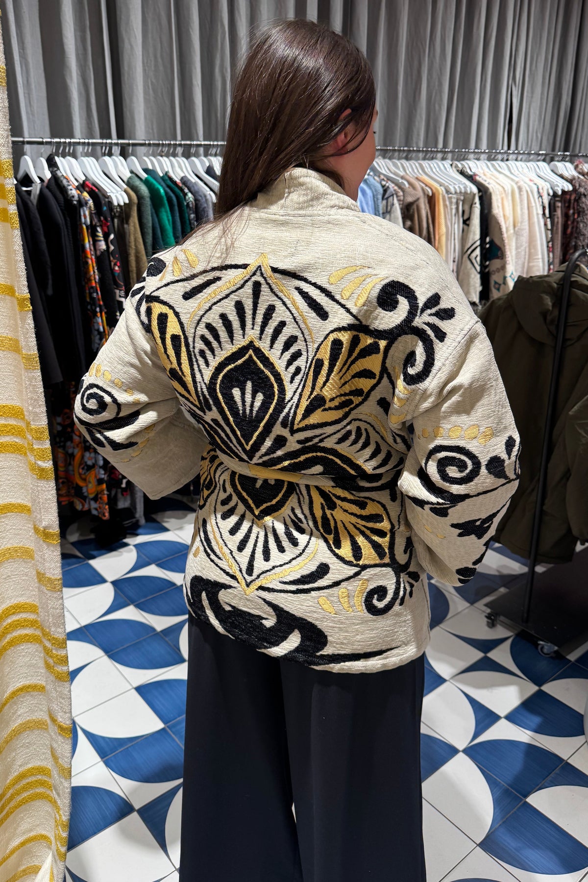 JACQUARD KIMONO JACKET OFFWHITE/BLACK/GOLD