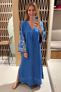 LONG LINEN KAFTAN DRESS "IOS" BLUE RAF/GOLD