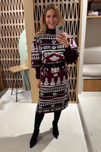 MIDI INTARSIA KNIT DRESS BLACK/ECRU/BORDEAUX