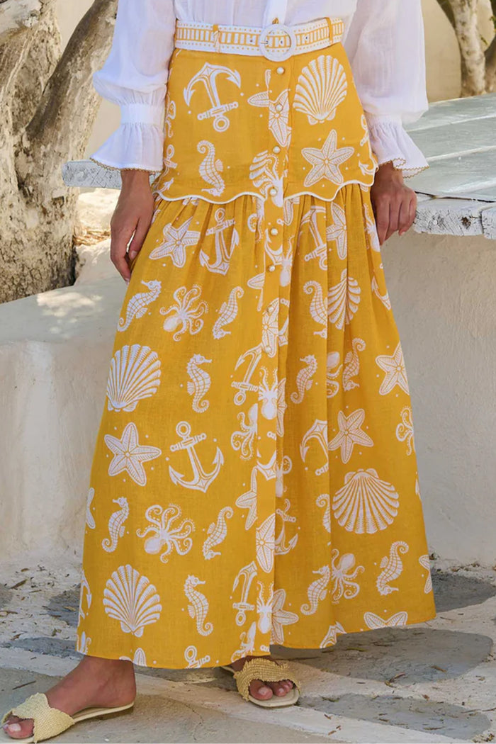 LONG LINEN/COTTON SKIRT "ELIOS" YELLOW/WHITE