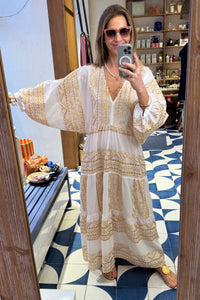 MIDI COTTON DRESS WITH BALLON SLEEVES "EMBROIDERED" WHITE/GOLD
