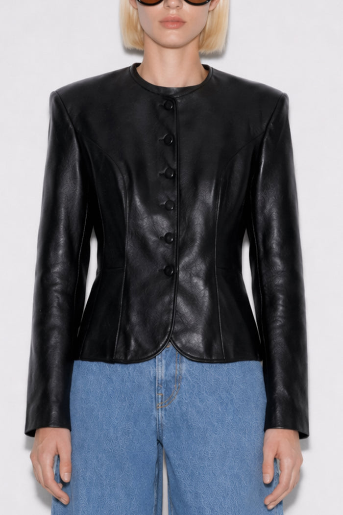 TAILORED FAUX LEATHER BLAZER BLACK