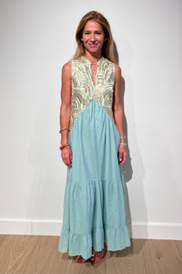 LONG SLEEVELESS COTTON DRESS "TRIANGLE" SEA GREEN/GOLD