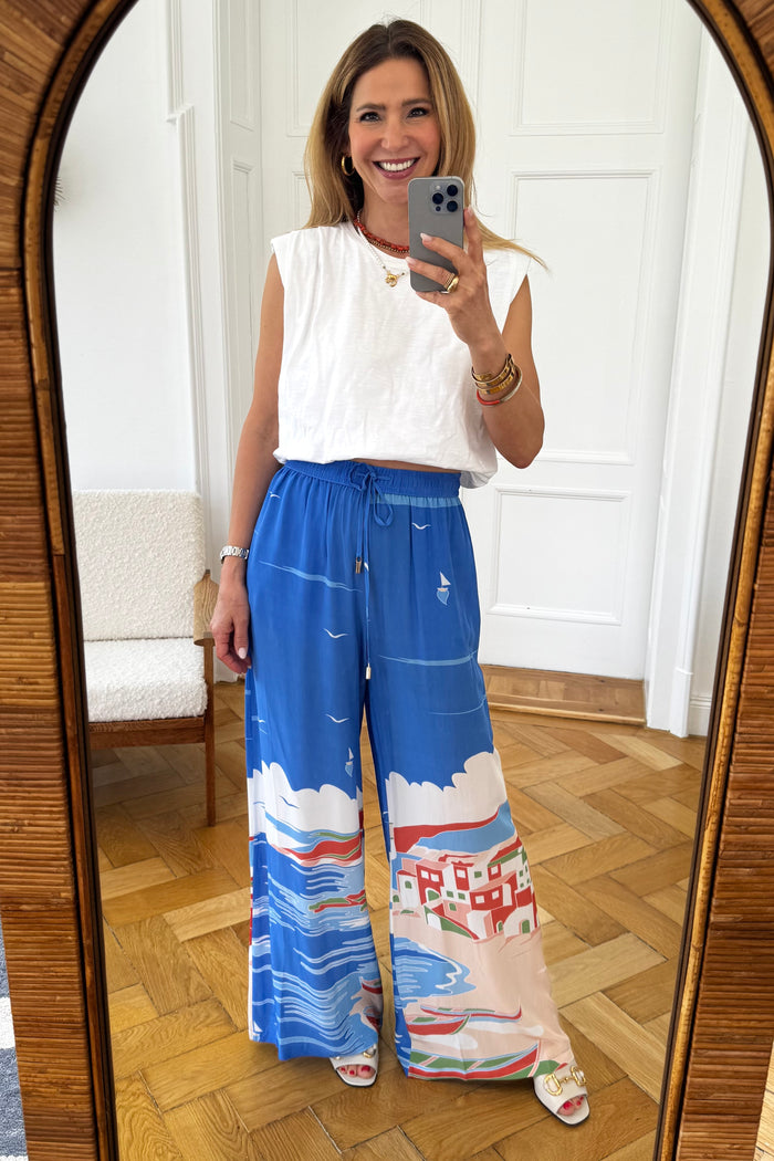 FLOWY PANTS "AMALFI" BLUE/MULTICOLOR