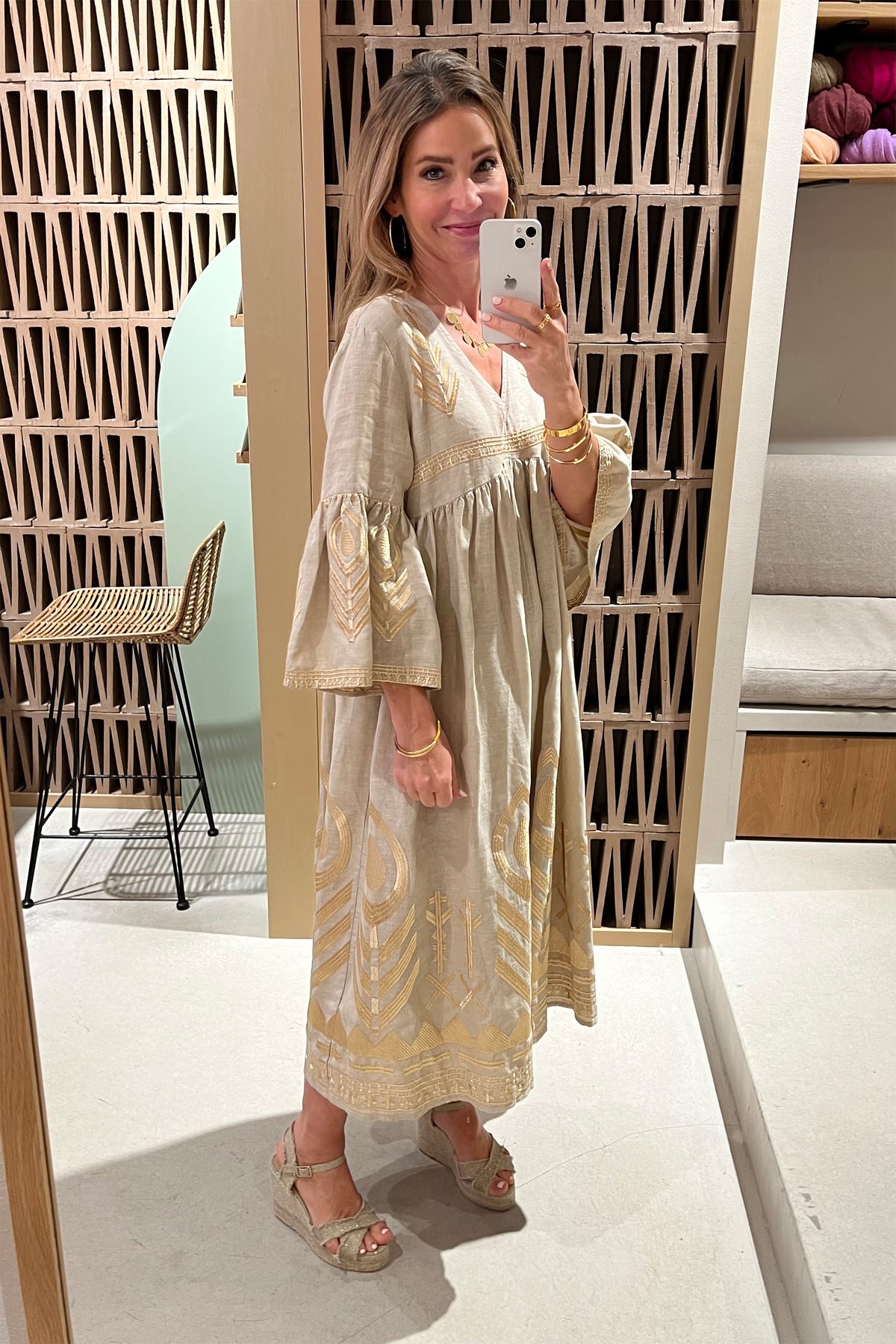 MIDI LINEN DRESS "FEATHER" BEIGE/GOLD