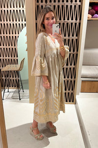 MIDI LINEN DRESS "FEATHER" BEIGE/GOLD