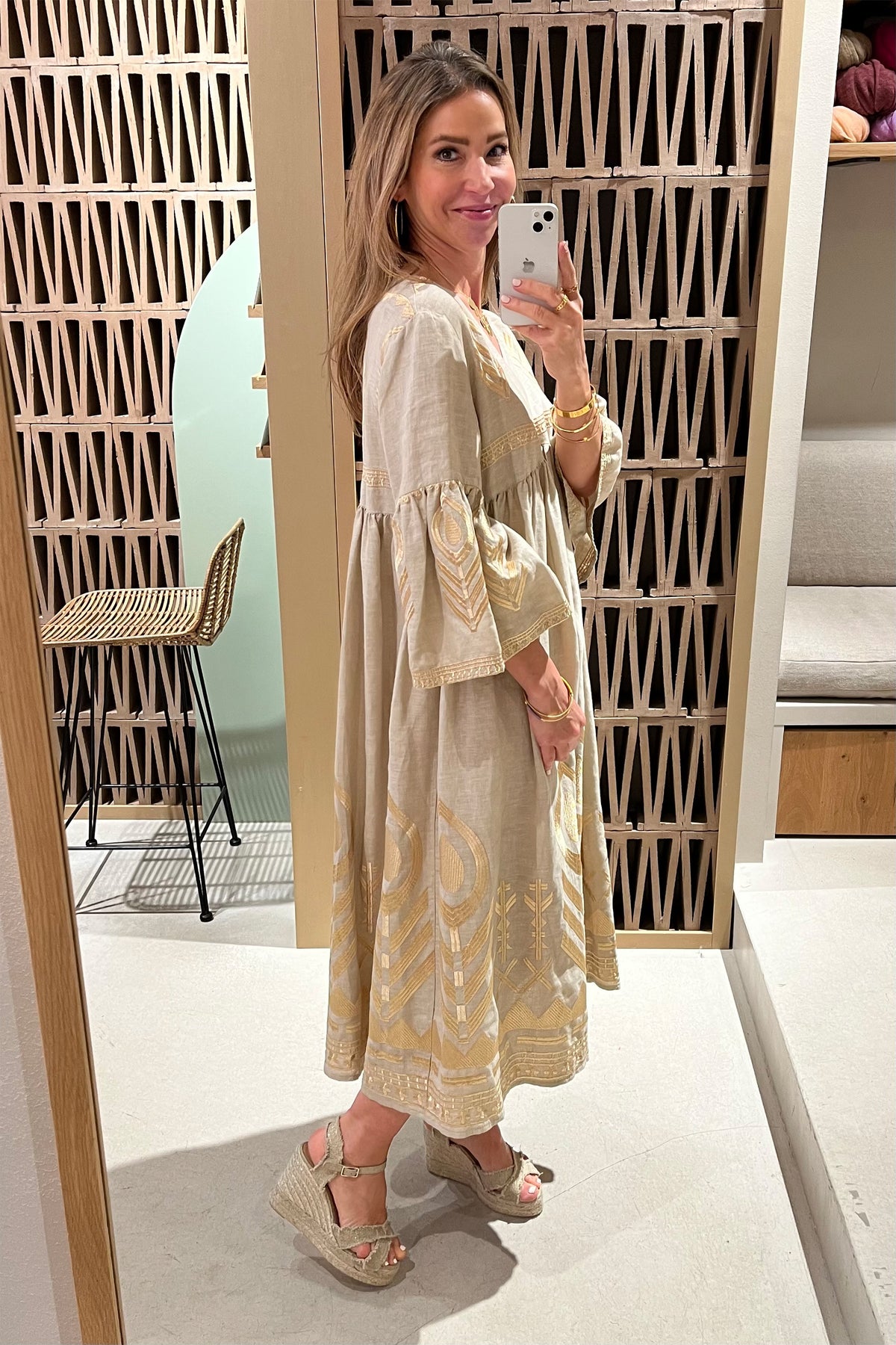 MIDI LINEN DRESS "FEATHER" BEIGE/GOLD