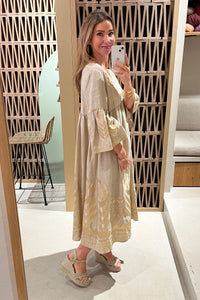 MIDI LINEN DRESS "FEATHER" BEIGE/GOLD